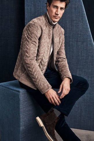 White Zip Neck Sweater Outfits For Men: This pairing of a white zip neck sweater and navy corduroy chinos is on the casual side but also ensures that you look sharp and really stylish. To bring a little classiness to this ensemble, add dark brown suede chelsea boots to your ensemble.