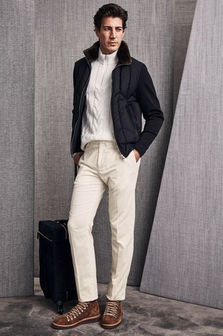 White Zip Neck Sweater Outfits For Men: A white zip neck sweater and beige chinos? It's an easy-to-achieve ensemble that anyone could wear a variation of on a day-to-day basis. If you want to instantly dress down this getup with footwear, complement this outfit with brown suede work boots.