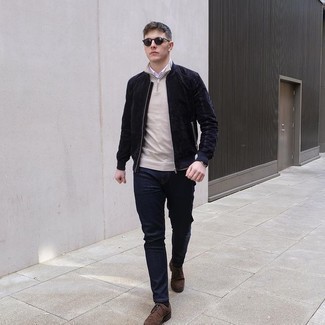 Black Suede Bomber Jacket Outfits For Men: This combination of a black suede bomber jacket and navy jeans is solid proof that a straightforward casual getup can still be really interesting. Our favorite of an endless number of ways to round off this outfit is dark brown suede brogues.