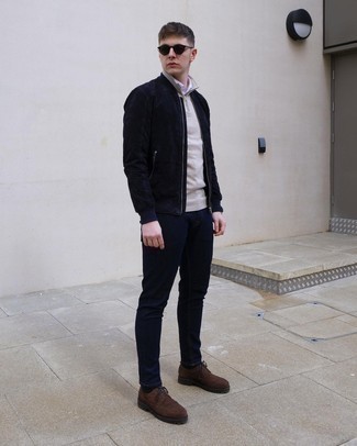 Blue Suede Bomber Jacket Outfits For Men: Marrying a blue suede bomber jacket and navy jeans will hallmark your prowess in menswear styling even on lazy days. Rev up the classiness of this getup a bit by rounding off with dark brown suede brogues.