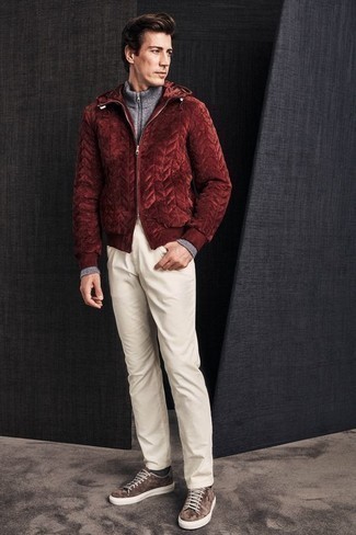 Burgundy Quilted Bomber Jacket Outfits For Men: The combo of a burgundy quilted bomber jacket and white chinos makes this a knockout off-duty look. We adore how complete this outfit looks when finished off by a pair of brown velvet low top sneakers.