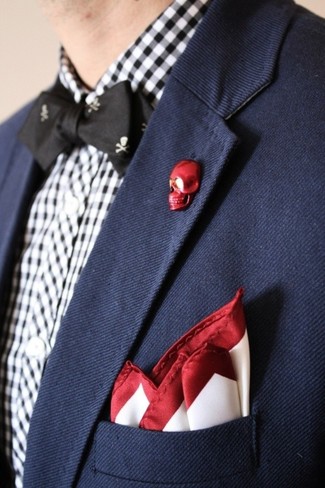 Men's White and Red Silk Pocket Square, Black Print Bow-tie, White and Black Gingham Dress Shirt, Navy Blazer