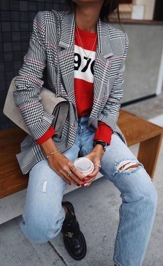 Red and White Print Crew-neck Sweater Outfits For Women: 