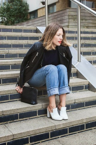 Women's White Leather Mules, Blue Ripped Boyfriend Jeans, Navy Crew-neck Sweater, Black Leather Bomber Jacket