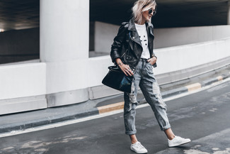 Women's White Leather Low Top Sneakers, Grey Ripped Boyfriend Jeans, White and Black Print Crew-neck T-shirt, Black Leather Biker Jacket