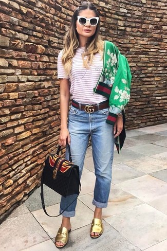 Women's Gold Leather Mules, Light Blue Boyfriend Jeans, White and Red Horizontal Striped Crew-neck T-shirt, Green Floral Bomber Jacket