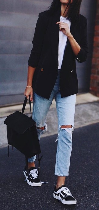 Women's Black and White Low Top Sneakers, Light Blue Ripped Boyfriend Jeans, White Crew-neck T-shirt, Black Double Breasted Blazer