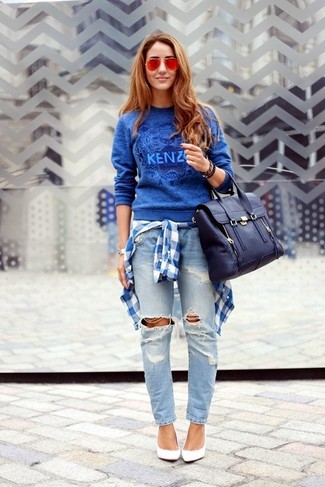 Navy Print Crew-neck Sweater Outfits For Women: 