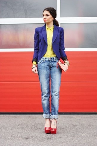 Women's Red Suede Heeled Sandals, Blue Boyfriend Jeans, Yellow Dress Shirt, Blue Double Breasted Blazer