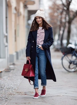 Women's Red Low Top Sneakers, Blue Boyfriend Jeans, White and Red Horizontal Striped Long Sleeve T-shirt, Navy Coat