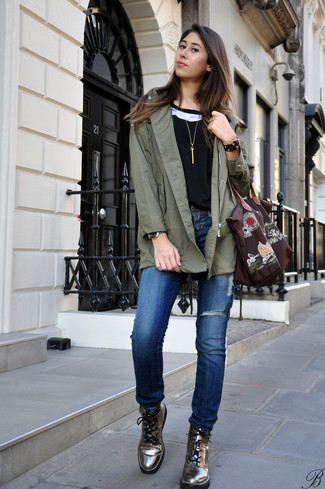 Women's Silver Leather Lace-up Flat Boots, Blue Ripped Boyfriend Jeans, Black Sleeveless Top, Olive Parka