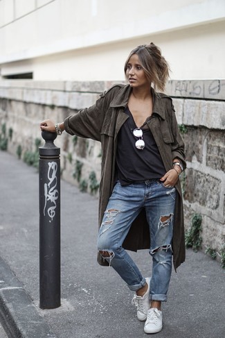 Women's White Leather Low Top Sneakers, Blue Ripped Boyfriend Jeans, Black Tank, Olive Lightweight Trenchcoat