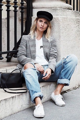 Women's White Low Top Sneakers, Light Blue Ripped Boyfriend Jeans, White V-neck T-shirt, Grey Plaid Double Breasted Blazer