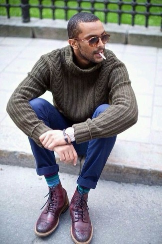 Men's Brown Leopard Sunglasses, Burgundy Leather Brogue Boots, Navy Chinos, Olive Knit Turtleneck