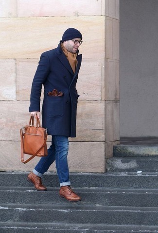 Men's Tobacco Leather Briefcase, Brown Leather Brogue Boots, Navy Jeans, Navy Overcoat