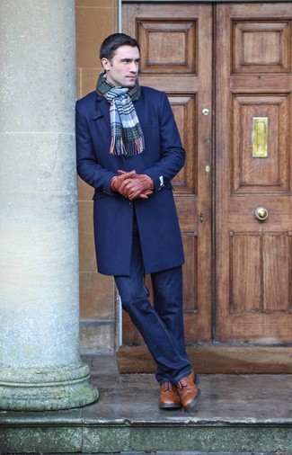 Navy and Green Plaid Scarf Outfits For Men: 