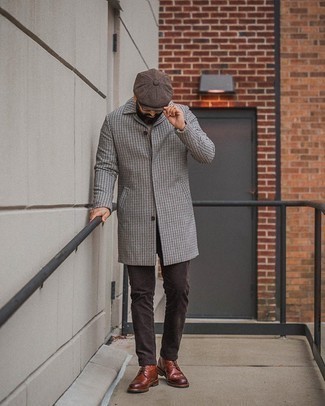 Men's Dark Brown Flat Cap, Brown Leather Brogue Boots, Dark Brown Jeans, Grey Houndstooth Overcoat
