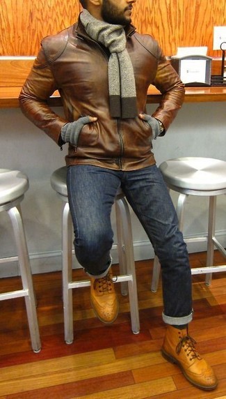 Men's Grey Scarf, Tan Leather Brogue Boots, Navy Skinny Jeans, Brown Leather Bomber Jacket