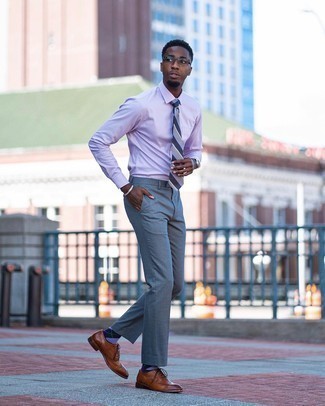 Men's Grey Horizontal Striped Tie, Brown Leather Brogues, Grey Dress Pants, Light Violet Dress Shirt