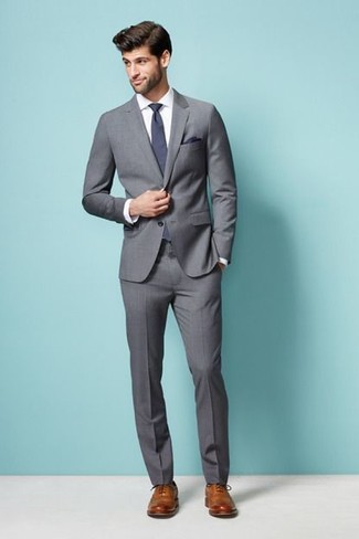 Men's Violet Tie, Tan Leather Brogues, White Dress Shirt, Grey Suit