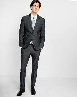 Men's Grey Floral Tie, Black Leather Brogues, White Dress Shirt, Charcoal Suit