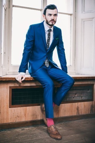 Men's Multi colored Print Tie, Brown Leather Brogues, White Dress Shirt, Blue Suit