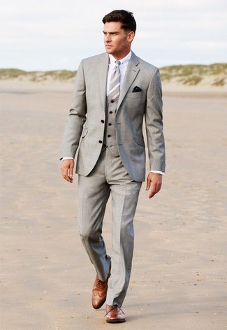 Men's Grey Vertical Striped Tie, Brown Leather Brogues, White Dress Shirt, Grey Three Piece Suit
