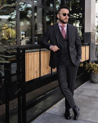 Black Vertical Striped Three Piece Suit Outfits: 