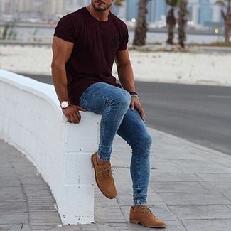 Men's Tan Leather Watch, Tan Suede Brogues, Blue Skinny Jeans, Burgundy Crew-neck T-shirt