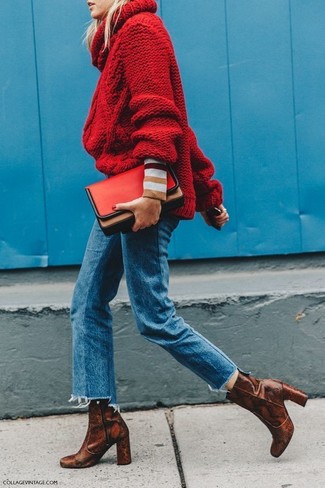 Women's Red Leather Clutch, Brown Snake Leather Ankle Boots, Blue Jeans, Red Knit Turtleneck