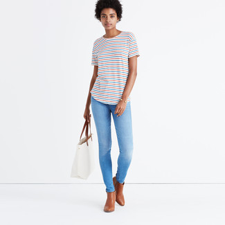 Women's White Leather Tote Bag, Brown Leather Ankle Boots, Light Blue Skinny Jeans, White Horizontal Striped Crew-neck T-shirt