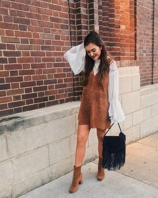 Women's Black Fringe Suede Crossbody Bag, Brown Suede Ankle Boots, White Chiffon Long Sleeve Blouse, Brown Suede Tank Dress