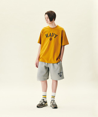 Men's White Horizontal Striped Socks, Brown Athletic Shoes, Grey Sports Shorts, Orange Print Crew-neck T-shirt