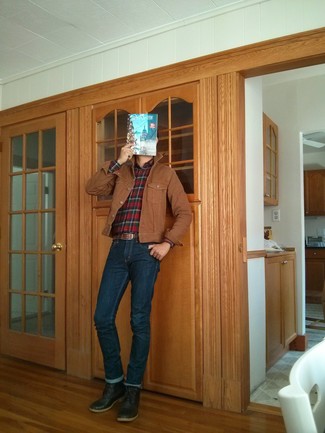 Men's Brown Barn Jacket, Red Plaid Long Sleeve Shirt, Navy Jeans, Dark Brown Leather Casual Boots