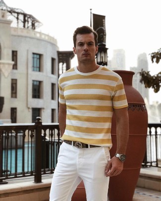 Men's Silver Watch, Brown Leather Belt, White Chinos, Yellow Horizontal Striped Crew-neck T-shirt
