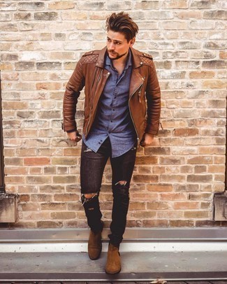 Dark Brown Leather Biker Jacket Outfits For Men: Make a dark brown leather biker jacket and charcoal ripped jeans your outfit choice for a neat and stylish ensemble. A pair of brown suede chelsea boots will easily level up this getup.