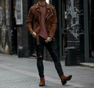 Dark Brown Suede Biker Jacket Outfits For Men: This combo of a dark brown suede biker jacket and black ripped jeans is on the casual side yet it's also stylish and incredibly stylish. Let your outfit coordination expertise really shine by rounding off your outfit with brown suede chelsea boots.