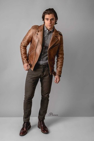 Dark Brown Jeans Outfits For Men: A brown leather biker jacket and dark brown jeans are an easy way to introduce understated dapperness into your daily off-duty routine. For a more elegant twist, throw in a pair of burgundy leather casual boots.