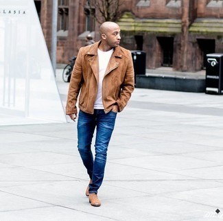 Dark Brown Suede Biker Jacket Outfits For Men: Consider pairing a dark brown suede biker jacket with navy jeans for an off-duty ensemble with a twist. If you wish to easily perk up your outfit with a pair of shoes, why not complement your getup with a pair of brown suede chelsea boots?