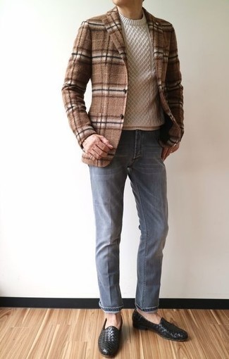 Brown Plaid Wool Blazer Outfits For Men: Master the laid-back and cool ensemble in a brown plaid wool blazer and grey jeans. Black woven leather loafers are a simple way to add a little kick to the getup.