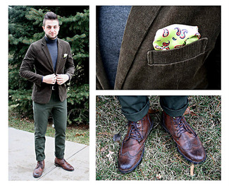 Mint Chinos Outfits: Teaming a brown corduroy blazer and mint chinos is a guaranteed way to inject your wardrobe with some laid-back elegance. Introduce a pair of brown leather casual boots to the mix and ta-da: the getup is complete.