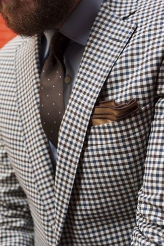 Dark Brown Polka Dot Tie Outfits For Men: When it comes to high-octane class, this pairing of a brown gingham blazer and a dark brown polka dot tie doesn't disappoint.