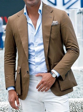 Men's Brown Blazer, Light Blue Long Sleeve Shirt, White Dress Pants ...