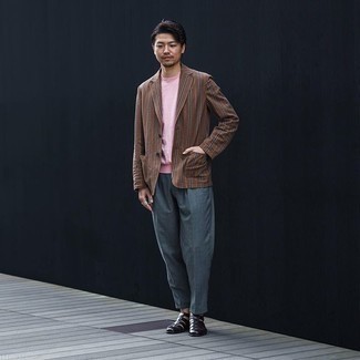 Men's Brown Vertical Striped Blazer, Pink Crew-neck T-shirt, Charcoal Chinos, Black Leather Sandals