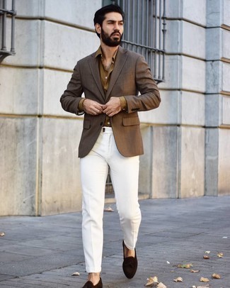 Brown Blazer with Loafers Dressy Outfits For Men: Wear a brown blazer with white dress pants for incredibly stylish style. Add a pair of loafers to the mix and off you go looking spectacular.