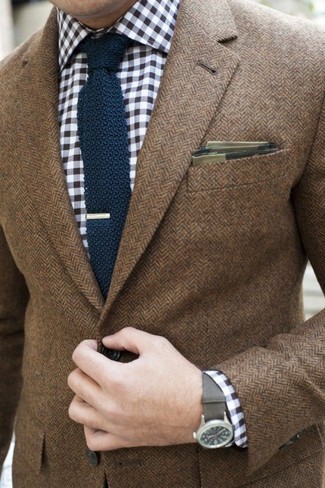 Men's Brown Herringbone Blazer, White and Navy Gingham Long Sleeve Shirt, Navy Knit Tie, Olive Plaid Pocket Square
