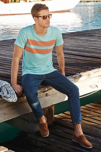 Men's Tan Sunglasses, Brown Leather Boat Shoes, Navy Skinny Jeans, Light Blue Horizontal Striped Crew-neck T-shirt