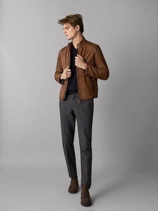 Men's Brown Leather Bomber Jacket, Black V-neck Sweater, Charcoal Chinos, Dark Brown Suede Chelsea Boots