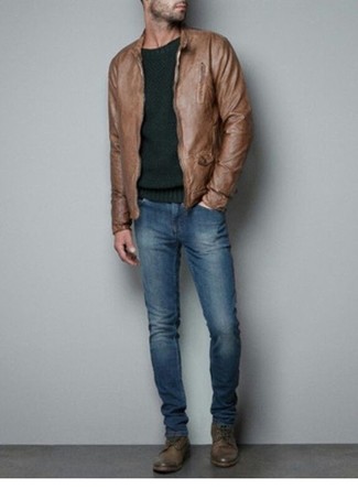Men's Brown Leather Bomber Jacket, Dark Green Crew-neck Sweater, Blue Jeans, Brown Leather Casual Boots