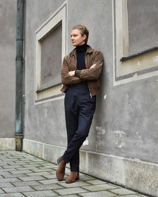 Dark Brown Suede Chelsea Boots Outfits For Men: This combination of a brown suede bomber jacket and charcoal dress pants is a fail-safe option when you need to look extra classy. A pair of dark brown suede chelsea boots is the glue that will tie your look together.